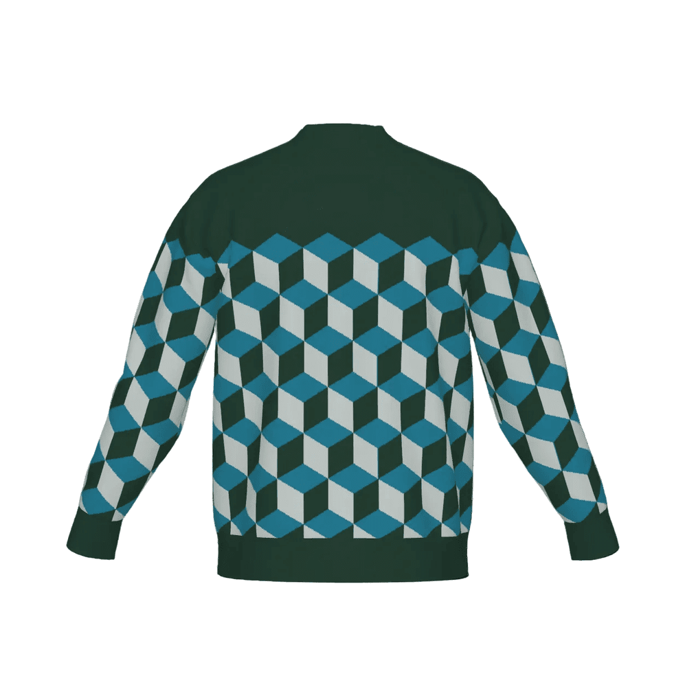 Green isometric cube design cardigan, optical illusion knitwear on a white background.