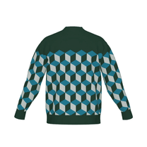 Green isometric cube design cardigan, optical illusion knitwear on a white background.