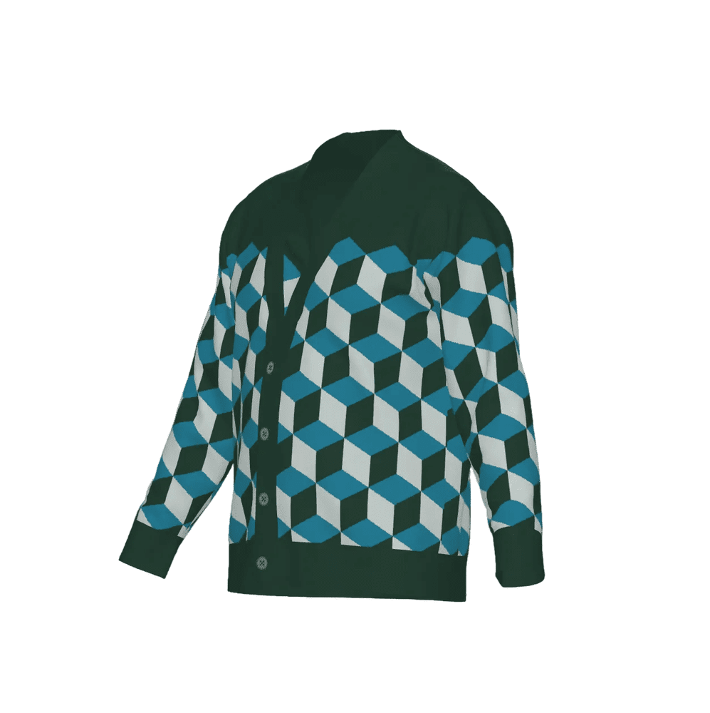 Green isometric cube design cardigan, optical illusion knitwear on a white background.