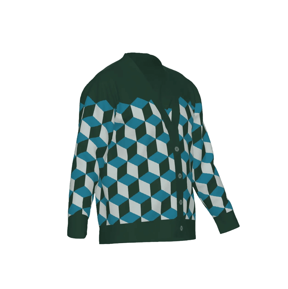 Green isometric cube design cardigan, optical illusion knitwear on a white background.