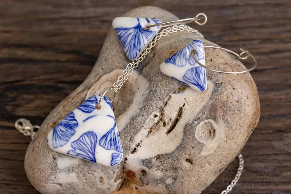 Handmade Blue Ginkgo Triangles Porcelain Jewellery Set