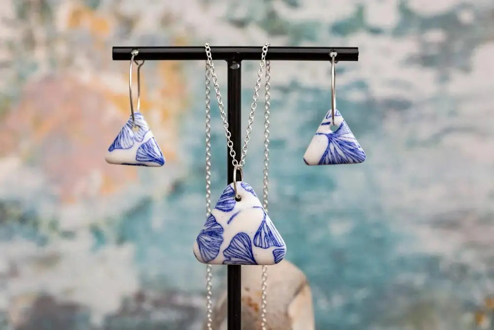 Handmade Blue Ginkgo Triangles Porcelain Jewellery Set