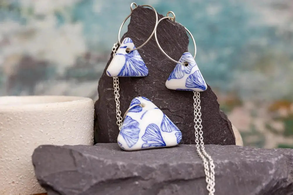 Handmade Blue Ginkgo Triangles Porcelain Jewellery Set