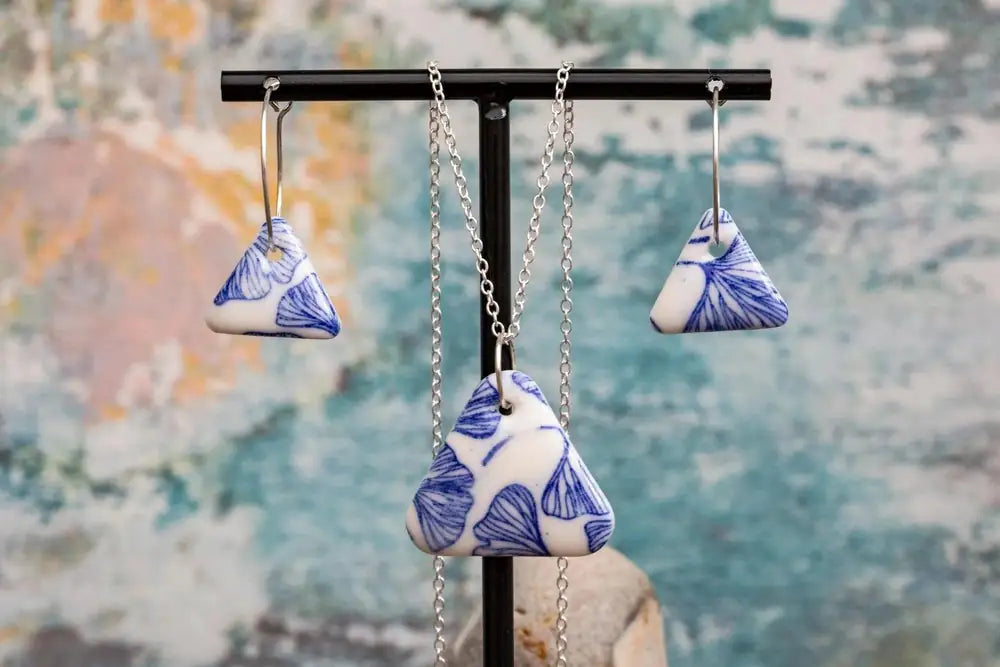 Handmade Blue Ginkgo Triangles Porcelain Jewellery Set