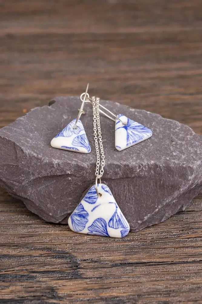 Handmade Blue Ginkgo Triangles Porcelain Jewellery Set