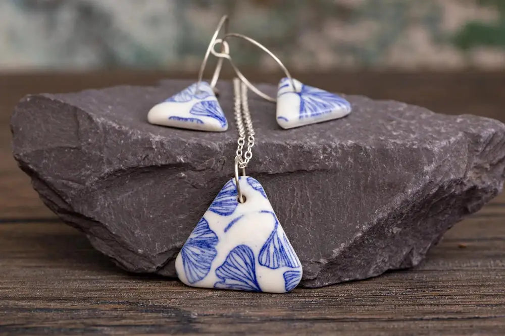 Handmade Blue Ginkgo Triangles Porcelain Jewellery Set
