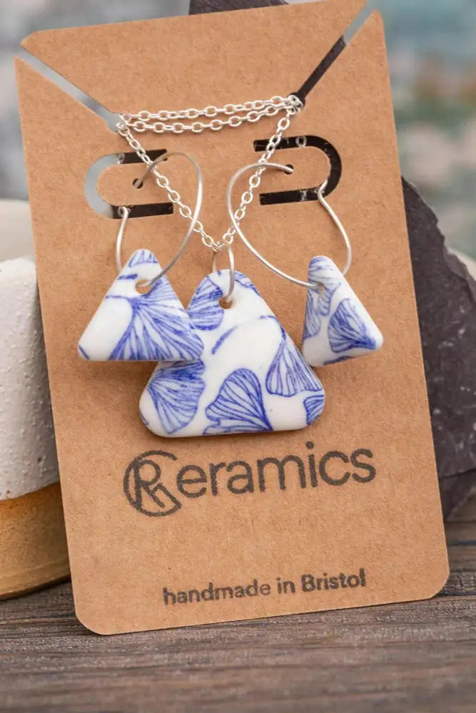Handmade Blue Ginkgo Triangles Porcelain Jewellery Set