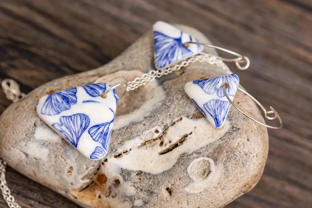 Handmade Blue Ginkgo Triangles Porcelain Jewellery Set