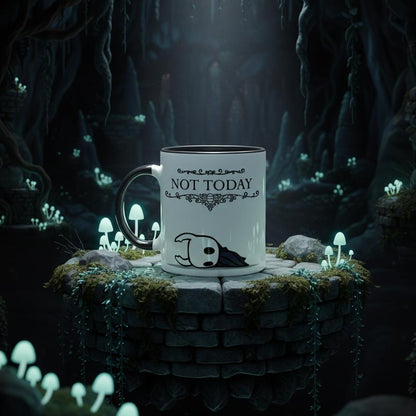 Hollow Knight Mug with 'Not Today' text in a video game style mystical forest setting