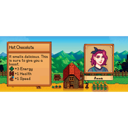 A pixelated Stardew Valley character portrait of Anna stands next to a building and landscape, alongside text describing hot chocolate’s effects.