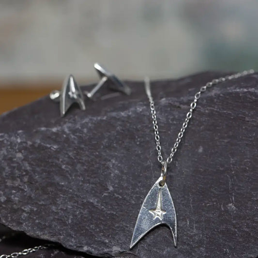 Sterling Silver Star Trek Command Delta Pendant & Earrings Set - Trekkie Gift
