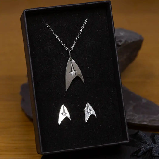 Sterling Silver Star Trek Command Delta Pendant & Earrings Set - Trekkie Gift