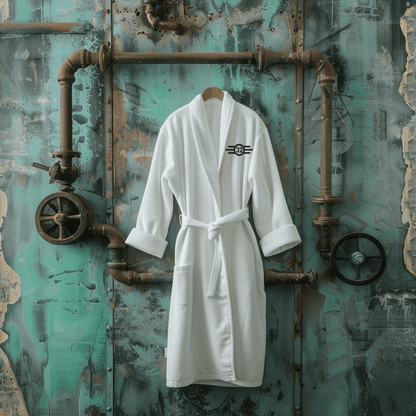 A white Fallout embroidered logo bathrobe with a custom Vault Tec number displayed on the sleeve hangs from a pipe rack against a teal industrial backdrop.