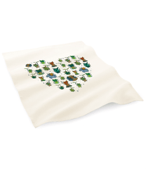 A white Legend of Zelda tea towel featuring a heart pattern made of small Korok characters.