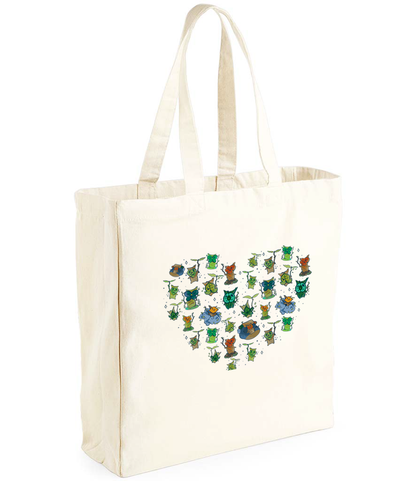 The Quirkify Korok Heart Pattern Shopping Tote Canvas Bag, features a gaming design with a heart-shaped motif of Koroks from TOTK / BOTW. It adds Zelda-inspired charm to any setting.