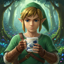 Link from The Legend of Zelda: Wind Waker holds a mug featuring a stylized depiction of Hokusai's Great Wave off Kanagawa.