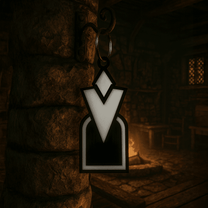 A 3D acrylic keyring featuring a Skyrim inspired Quest Marker icon hanging from a metal hook on a stone pillar.