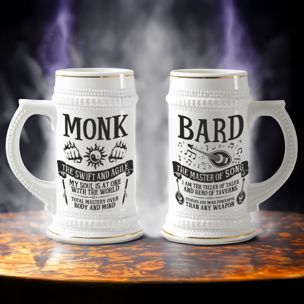A white ceramic tankard featuring "Monk" and "Bard" designs inspired by Dungeons & Dragons character classes is displayed against a blurred background.