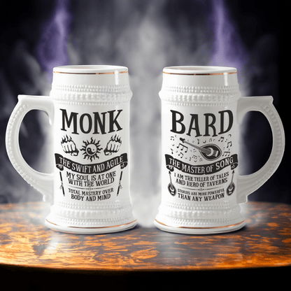 A white ceramic tankard featuring "Monk" and "Bard" designs inspired by Dungeons & Dragons character classes is displayed against a blurred background.