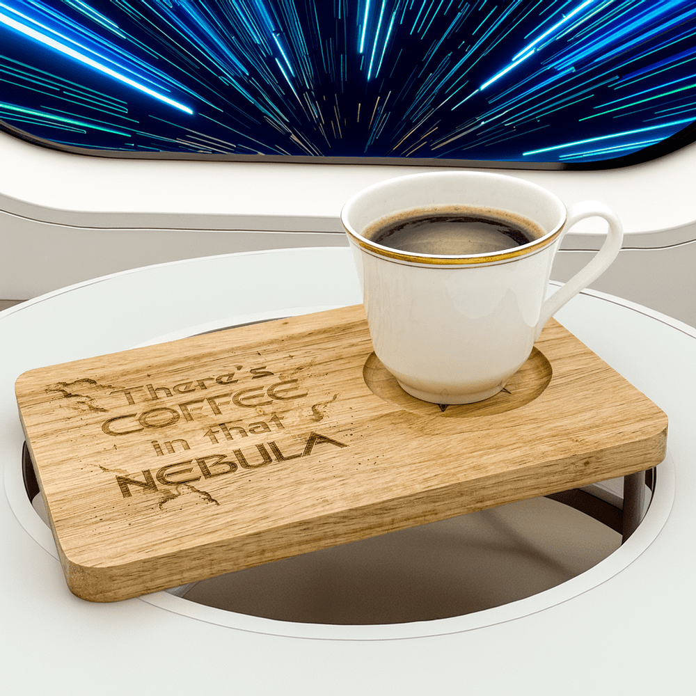A wooden Voyager Breakfast Board displays the phrase "There's Coffee in that Nebula" and holds a mug of coffee against a backdrop resembling a space nebula.
