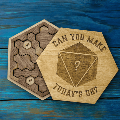 Two wooden hexagonal pieces from a DnD Edition Daily Calendar Puzzle display dates and feature a D8 die design with the phrase "Can you make today's D8?".