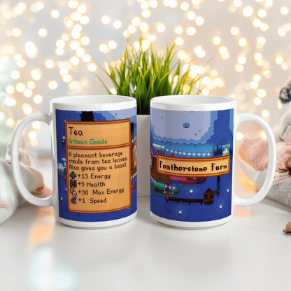 A white Stardew Custom Farm mug displays pixel art depicting a tea recipe and Featherstone Farm.