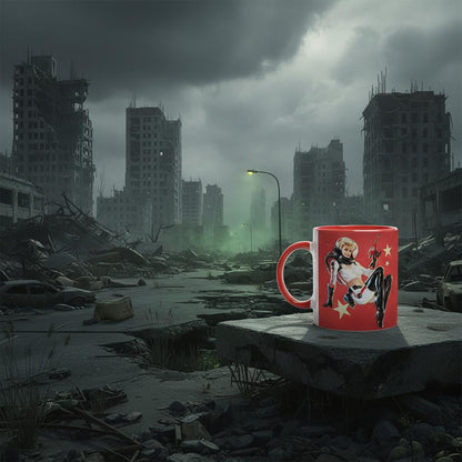 A Fallout Nuka Cola mug with a vintage distressed poster design featuring a pin-up girl and logo sits on a concrete surface in front of a ruined cityscape.