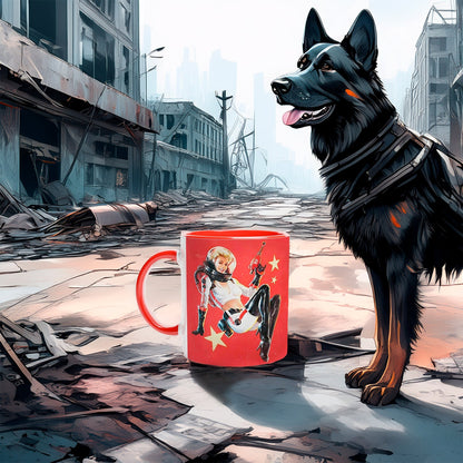 A Fallout Nuka Cola mug with a vintage distressed poster design featuring a pin-up girl and logo sits on cracked pavement next to a German Shepherd in a post-apocalyptic cityscape.
