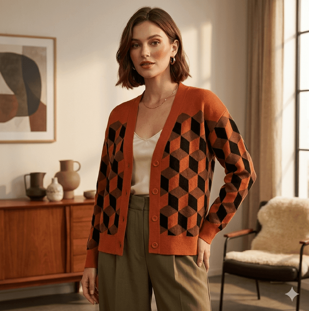 Woman wearing an orange isometric cube optical illusion knitted cardigan in a mid-century modern inspired interior