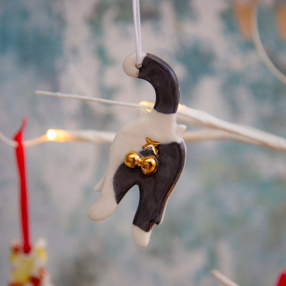 Cheeky Cat Bum Porcelain Ornament - Handmade Ceramic Funny Cat Decoration