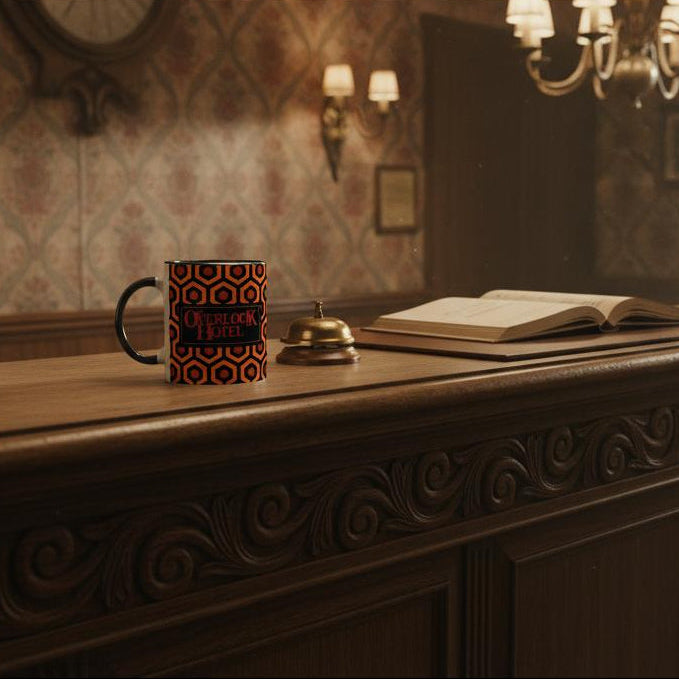 Overlook Hotel Mug with carpet pattern on a wooden surface in an hotel reception