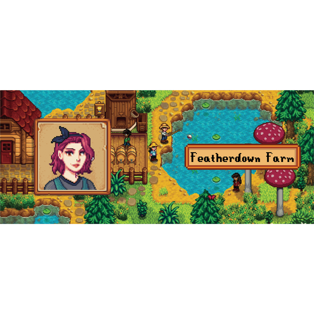 A Stardew Custom Avatar Mug features a pixelated character portrait framed within a scene of Featherdown Farm from the game Stardew Valley.
