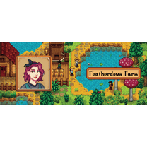 A Stardew Custom Avatar Mug features a pixelated character portrait framed within a scene of Featherdown Farm from the game Stardew Valley.