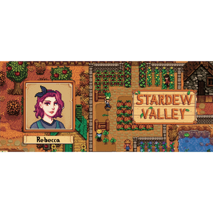 A pixelated portrait of Rebecca from Stardew Valley is displayed within a frame alongside a scene depicting farmland and a sign reading "Stardew Valley.