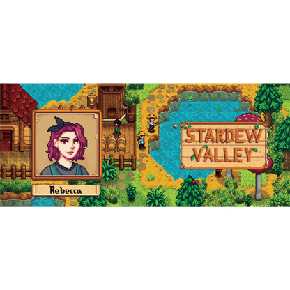 A pixel art design depicts a Stardew Valley scene featuring a character portrait labeled "Rebecca" and a sign reading "Stardew Valley.