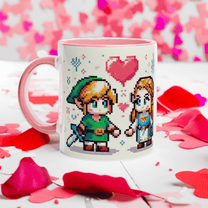 A pink mug displays chibi pixel art of Link and Zelda from The Legend of Zelda standing close together with a heart above them.