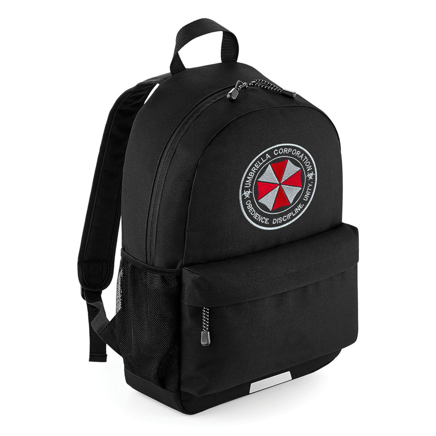 Black backpack with Umbrella Corporation logo on a white background