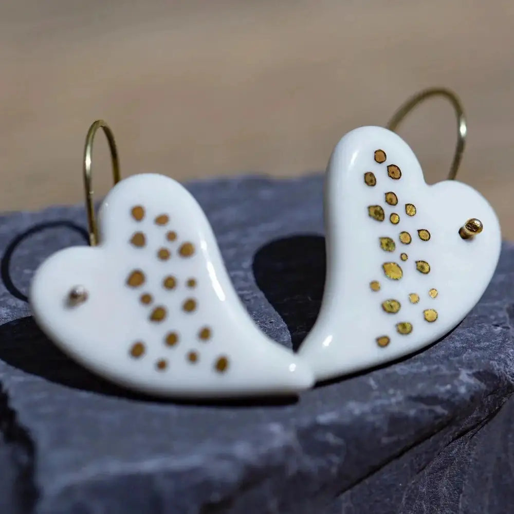 Porcelain Fancy Heart Dotted Earrings on Gold Plated Hooks
