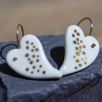 Porcelain Fancy Heart Dotted Earrings on Gold Plated Hooks