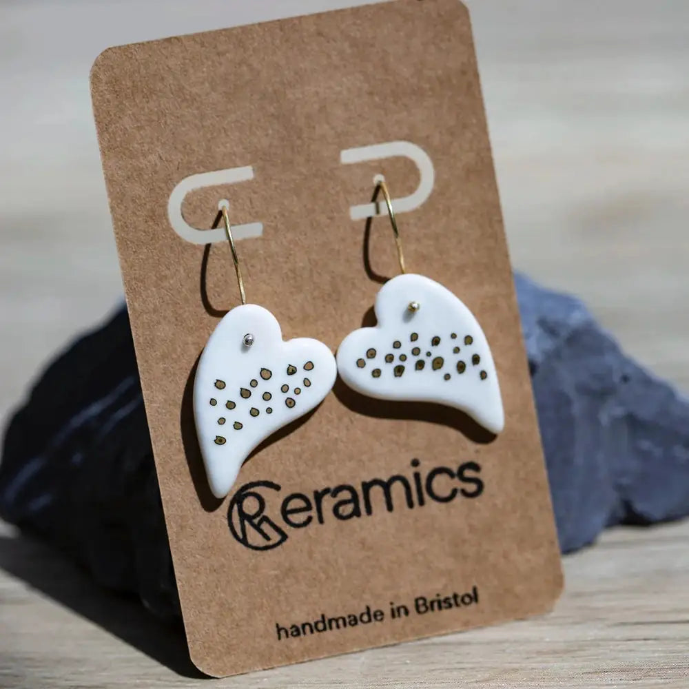 Porcelain Fancy Heart Dotted Earrings on Gold Plated Hooks