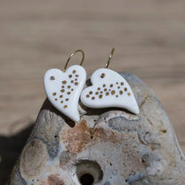 Porcelain Fancy Heart Dotted Earrings on Gold Plated Hooks