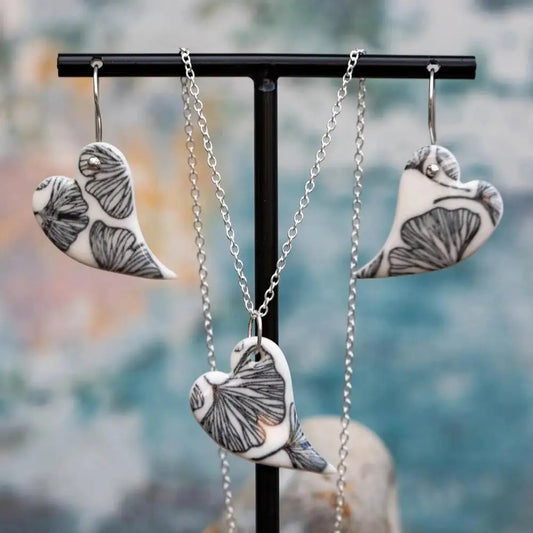 Porcelain Heart Ginkgo Print Earrings & Pendant Set