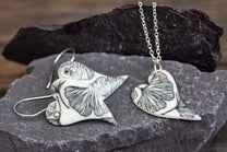 Porcelain Heart Ginkgo Print Earrings & Pendant Set