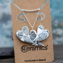 Porcelain Heart Ginkgo Print Earrings & Pendant Set