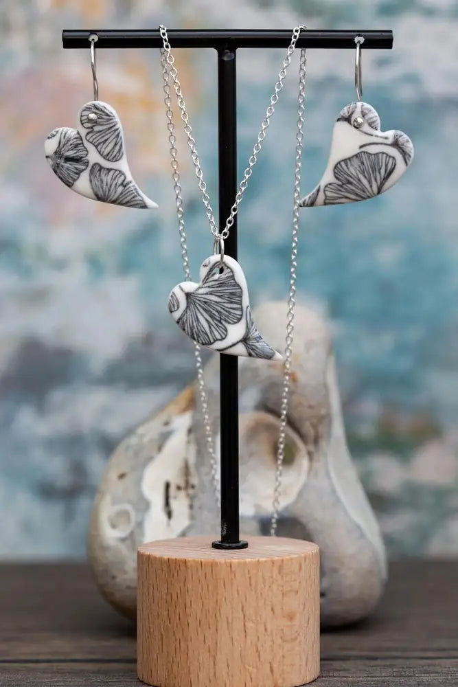 Porcelain Heart Ginkgo Print Earrings & Pendant Set