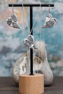 Porcelain Heart Ginkgo Print Earrings & Pendant Set