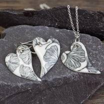 Porcelain Heart Ginkgo Print Earrings & Pendant Set