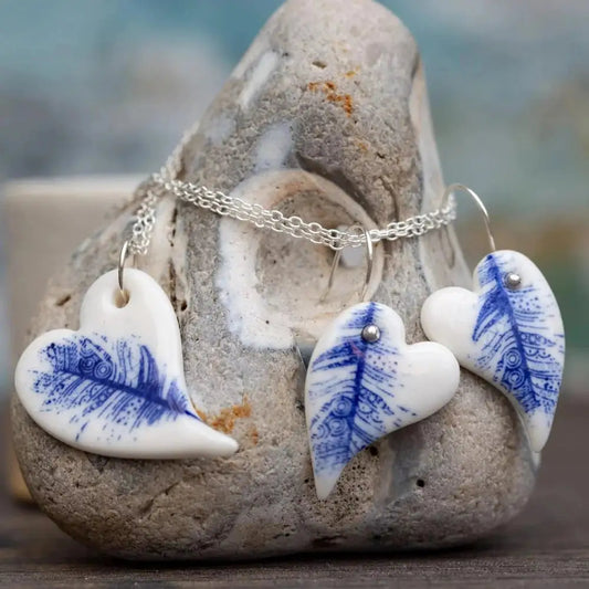 Porcelain Heart with Blue Feather Design Earrings & Pendant Set