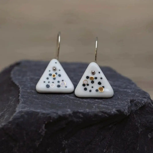 Porcelain Spotted Triangle Earrings with Black and Gold Dots
