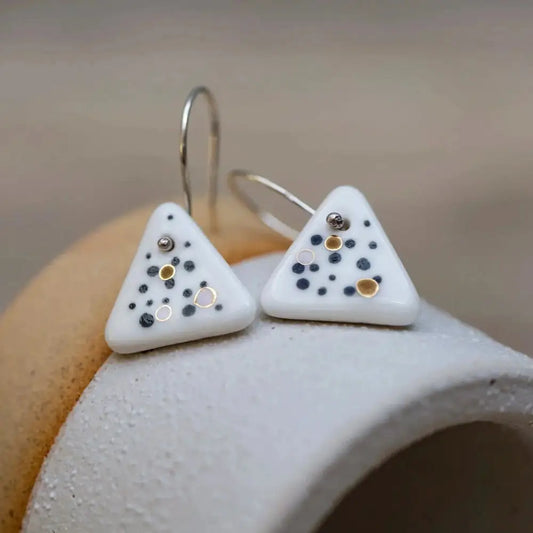 Porcelain Spotted Triangle Earrings with Black and Gold Dots